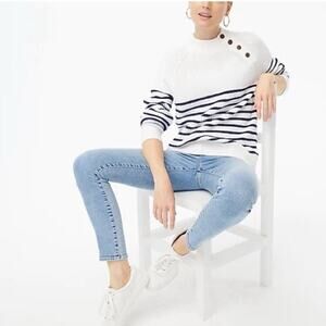 NWT J. Crew Striped Cotton Button Mockneck Sweater Size S White Blue Pullover
